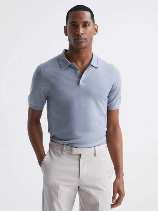 Reiss Knitwear | Blair Blue Merino Press Stud Polo Shirt Dove Blue - Men