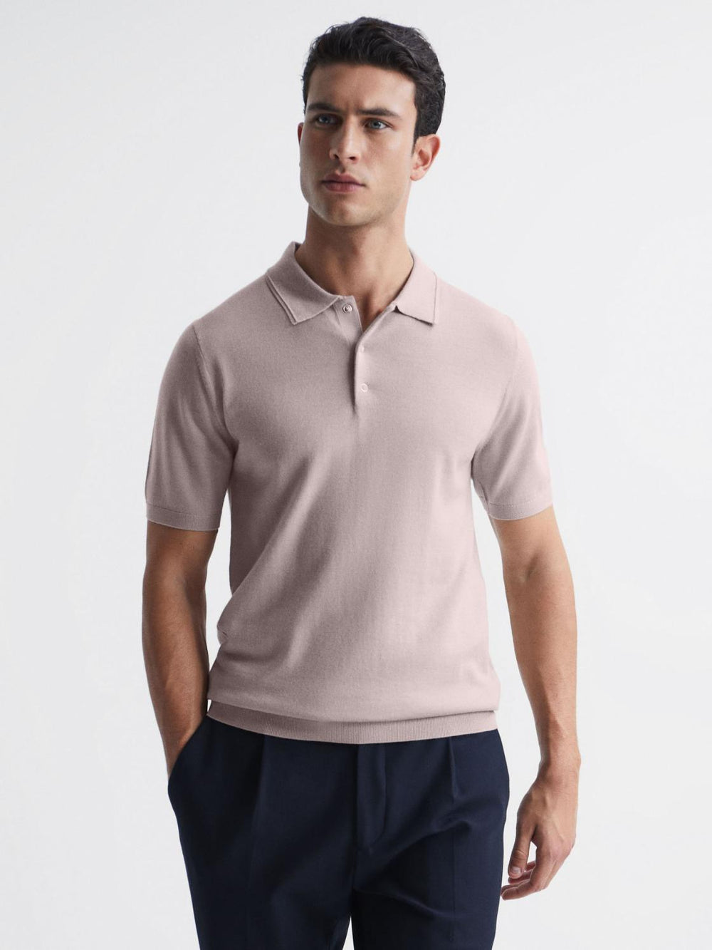 Reiss Knitwear | Blair Merino Press Stud Polo T-Shirt Stone - Men