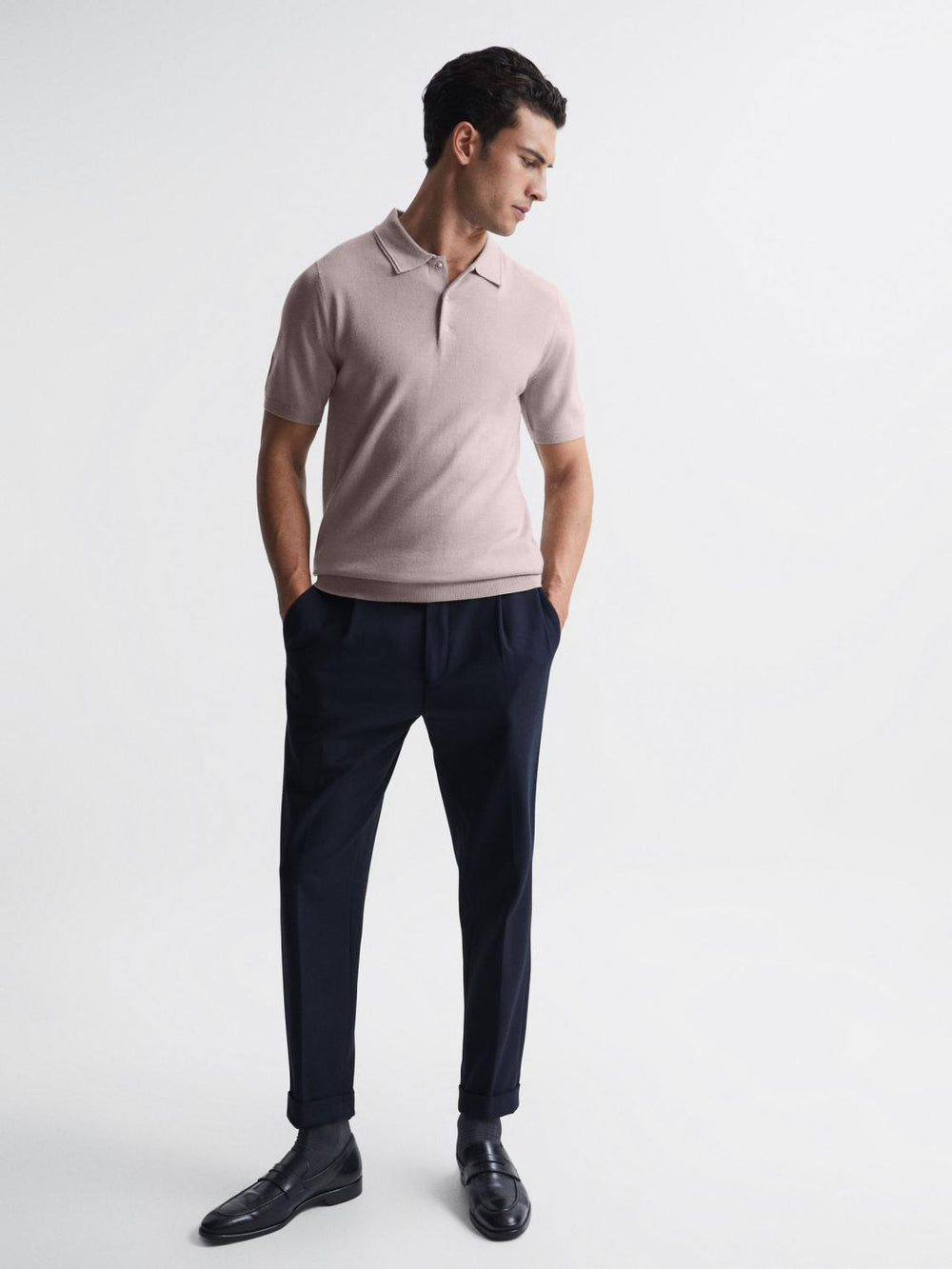 Reiss Knitwear | Blair Merino Press Stud Polo T-Shirt Stone - Men