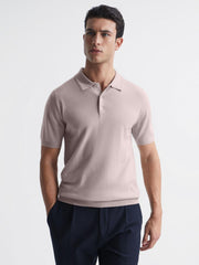 Reiss Knitwear | Blair Merino Press Stud Polo T-Shirt Stone - Men