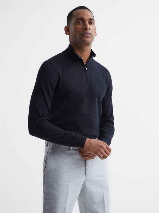 Reiss Knitwear | Bond Half Zip Funnel Neck Cotton Jumper Navy - Men