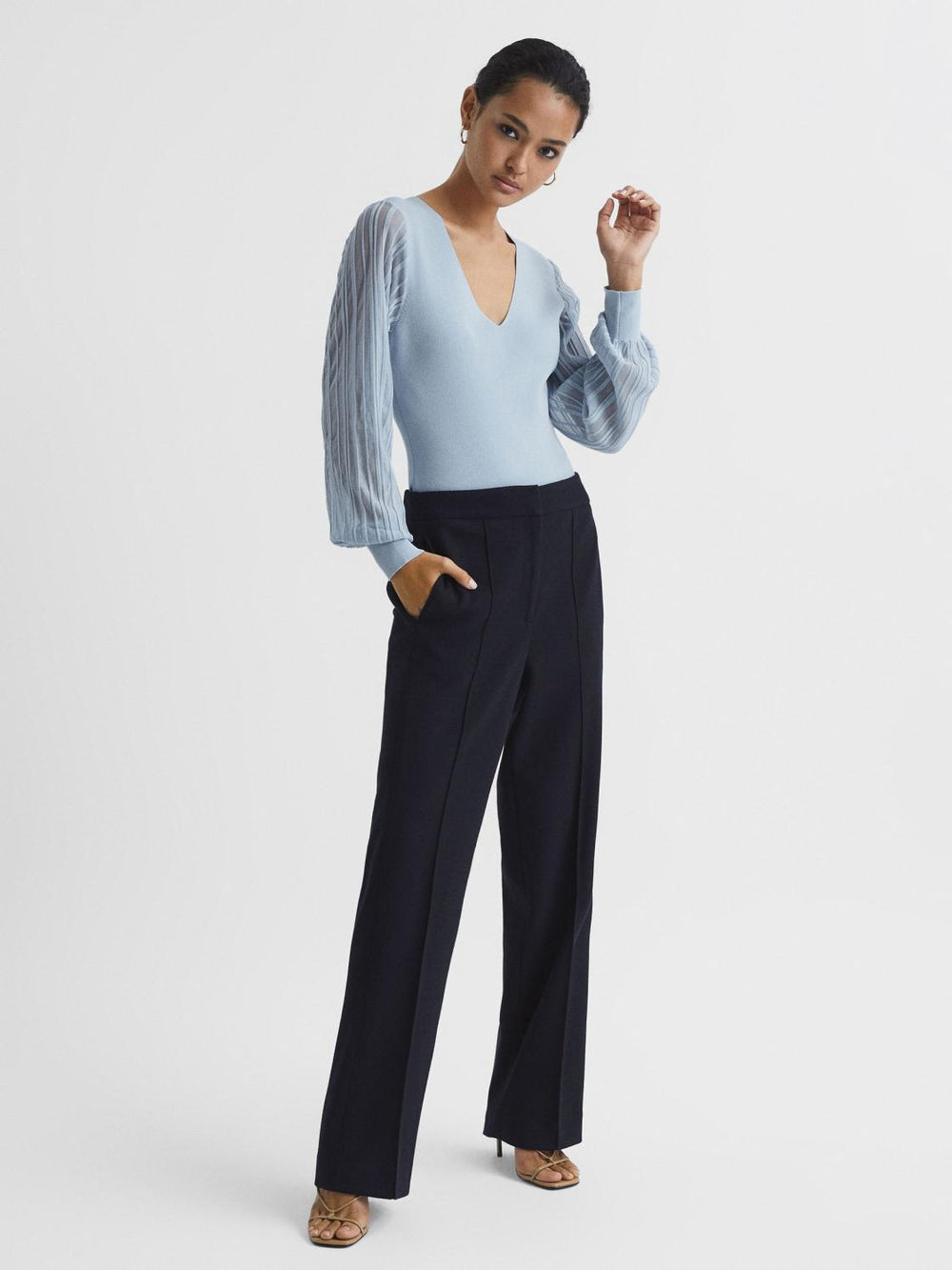 Reiss Knitwear | Brooklyn Sheer Sleeve Top Ivory - Women