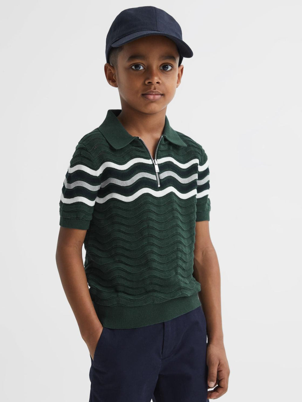 Reiss Knitwear | Cole Half-Zip Textured T-Shirt Emerald - Children