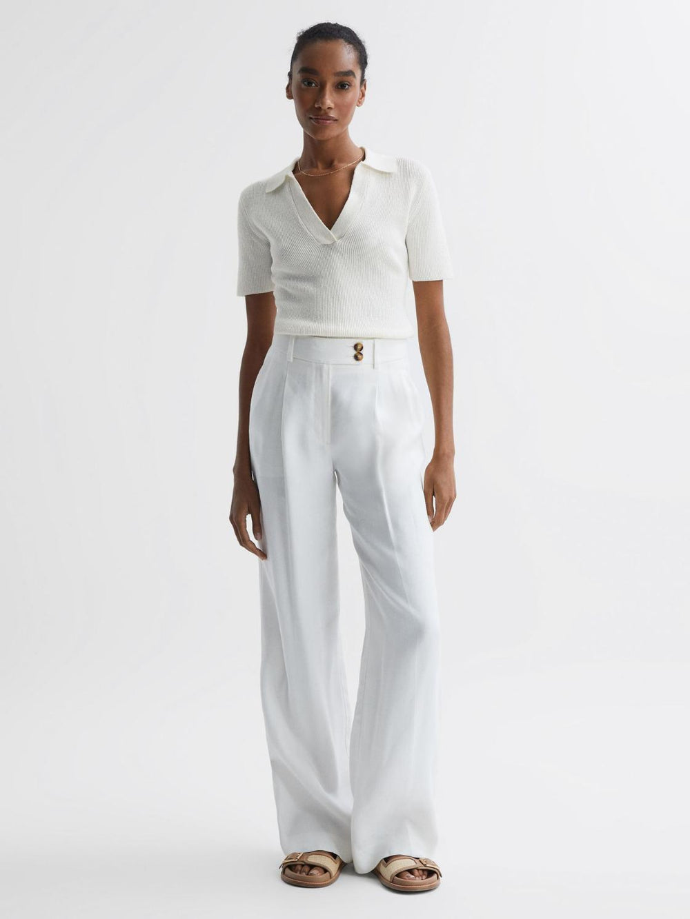 Reiss Knitwear | Devin V-Neck Collared Knit Top Ivory - Women