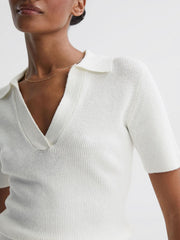 Reiss Knitwear | Devin V-Neck Collared Knit Top Ivory - Women