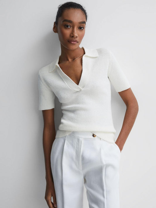 Reiss Knitwear | Devin V-Neck Collared Knit Top Ivory - Women