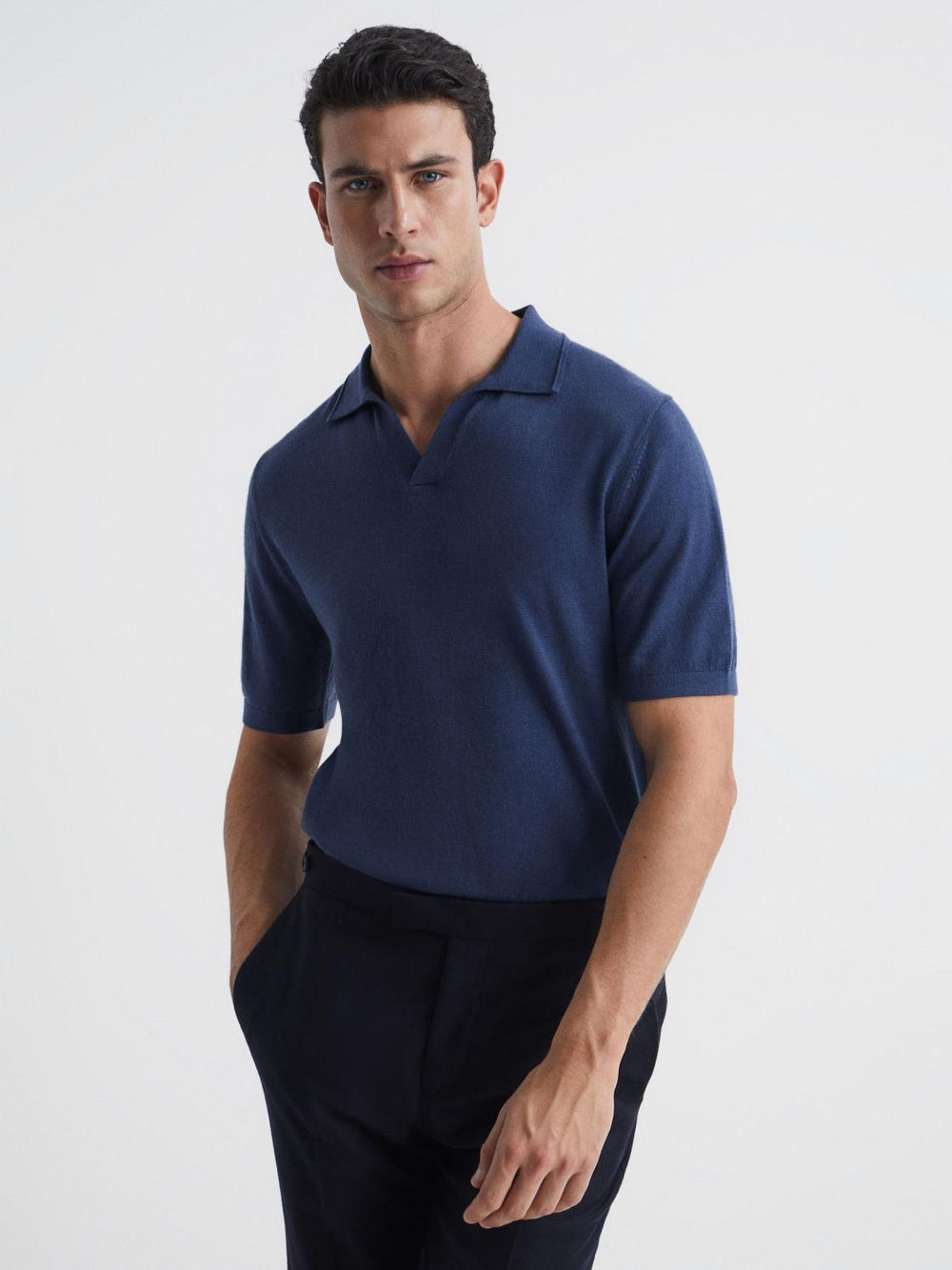 Reiss Knitwear | Duchie Merino Wool Open Collar Polo Shirt Azure - Men