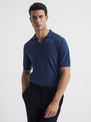 Reiss Knitwear | Duchie Merino Wool Open Collar Polo Shirt Azure - Men