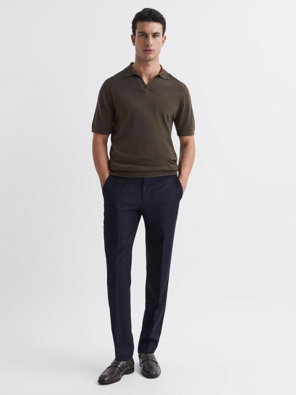 Reiss Knitwear | Duchie Merino Wool Open Collar Polo Shirt Azure - Men