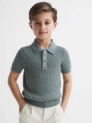 Reiss Knitwear | Eli Press Stud Cable Knit Polo Shirt Dark Sage - Children