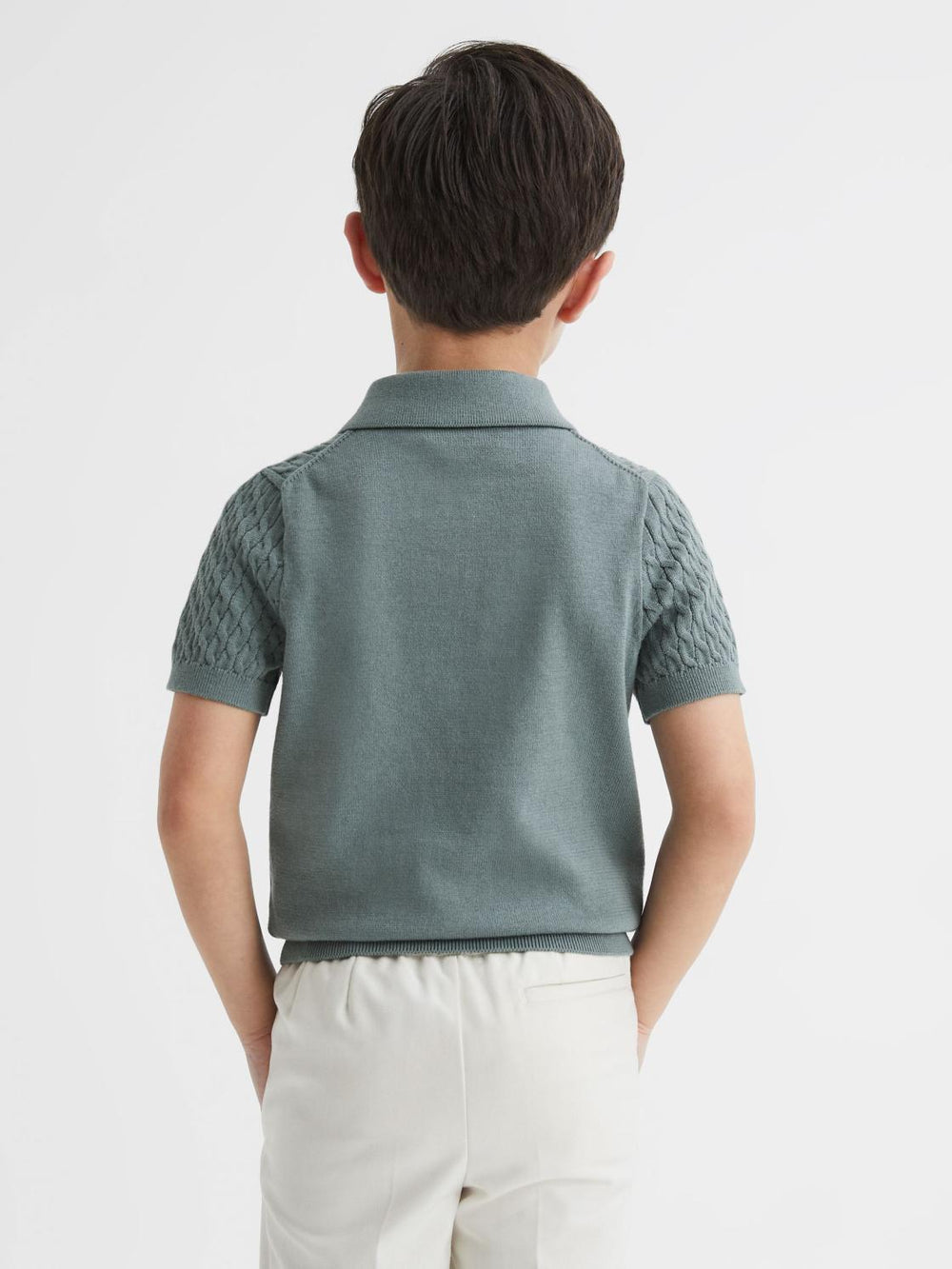 Reiss Knitwear | Eli Press Stud Cable Knit Polo Shirt Dark Sage - Children