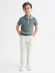 Reiss Knitwear | Eli Press Stud Cable Knit Polo Shirt Dark Sage - Children