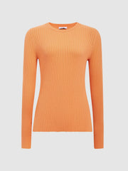 Reiss Knitwear | Elle Slim Fit Ribbed Crew Neck Split Sleeve Jumper Cream - Women