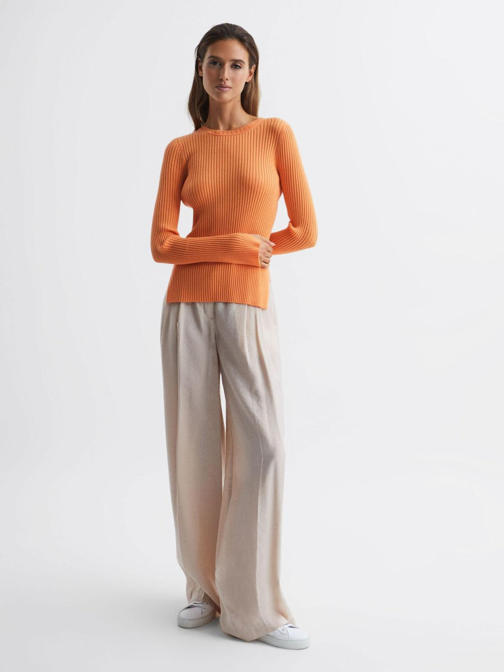 Reiss Knitwear | Elle Slim Fit Ribbed Crew Neck Split Sleeve Jumper Cream - Women