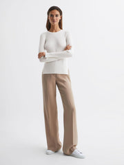Reiss Knitwear | Elle Slim Fit Ribbed Crew Neck Split Sleeve Jumper Cream - Women