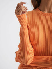 Reiss Knitwear | Elle Slim Fit Ribbed Crew Neck Split Sleeve Jumper Cream - Women