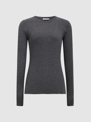 Reiss Knitwear | Elle Slim Fit Ribbed Crew Neck Split Sleeve Jumper Grey - Women