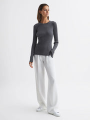 Reiss Knitwear | Elle Slim Fit Ribbed Crew Neck Split Sleeve Jumper Grey - Women
