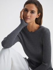 Reiss Knitwear | Elle Slim Fit Ribbed Crew Neck Split Sleeve Jumper Grey - Women