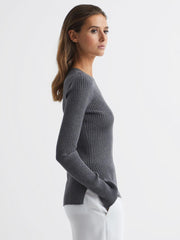 Reiss Knitwear | Elle Slim Fit Ribbed Crew Neck Split Sleeve Jumper Grey - Women
