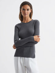 Reiss Knitwear | Elle Slim Fit Ribbed Crew Neck Split Sleeve Jumper Grey - Women