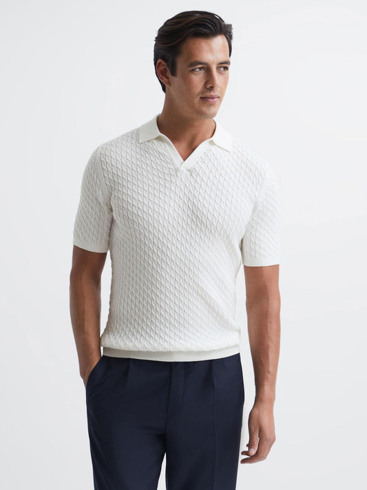 Reiss Knitwear | Federico Slim Fit Cable Knit Open Collar Polo Shirt Ecru - Men