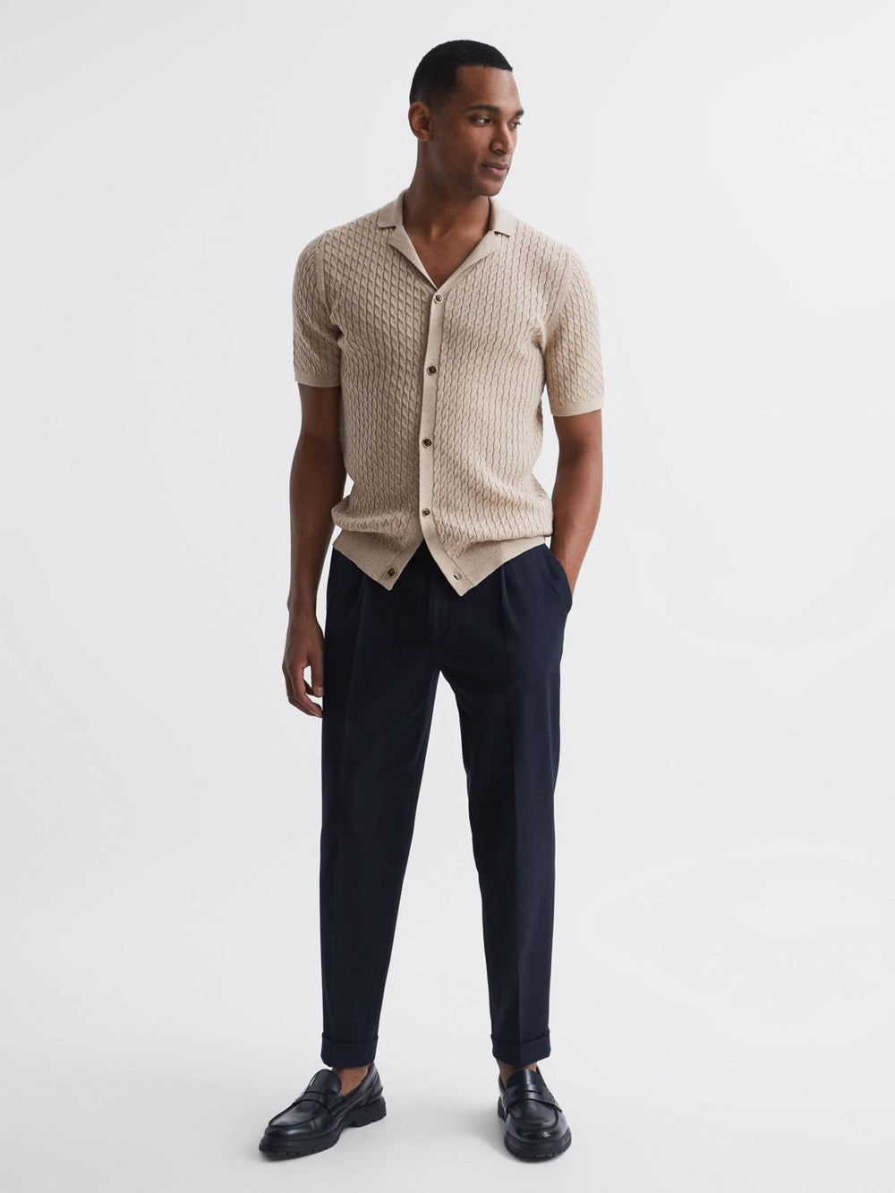 Reiss Knitwear | Grande Cable Knit Cuban Collar Button Through Shirt Emerald - Men