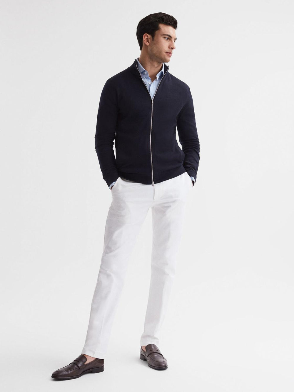 Reiss Knitwear | Hampshire Merino Wool Zip Through Jumper Navy - Men