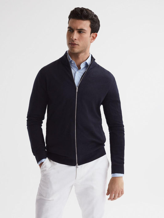 Reiss Knitwear | Hampshire Merino Wool Zip Through Jumper Navy - Men