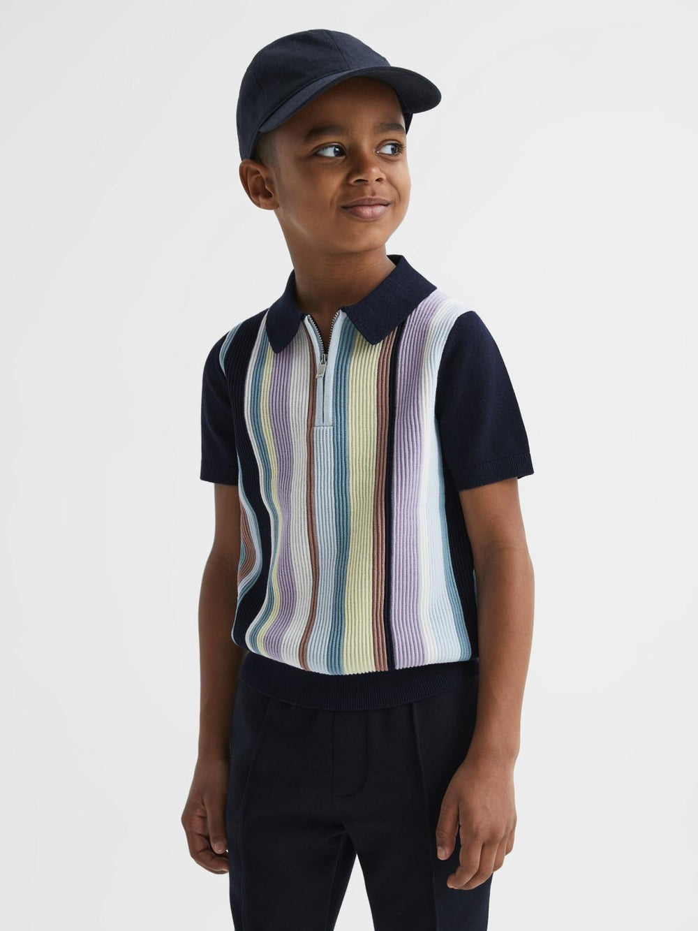Reiss Knitwear | Harris Striped Ribbed Half Zip Polo T-Shirt Multi - Children