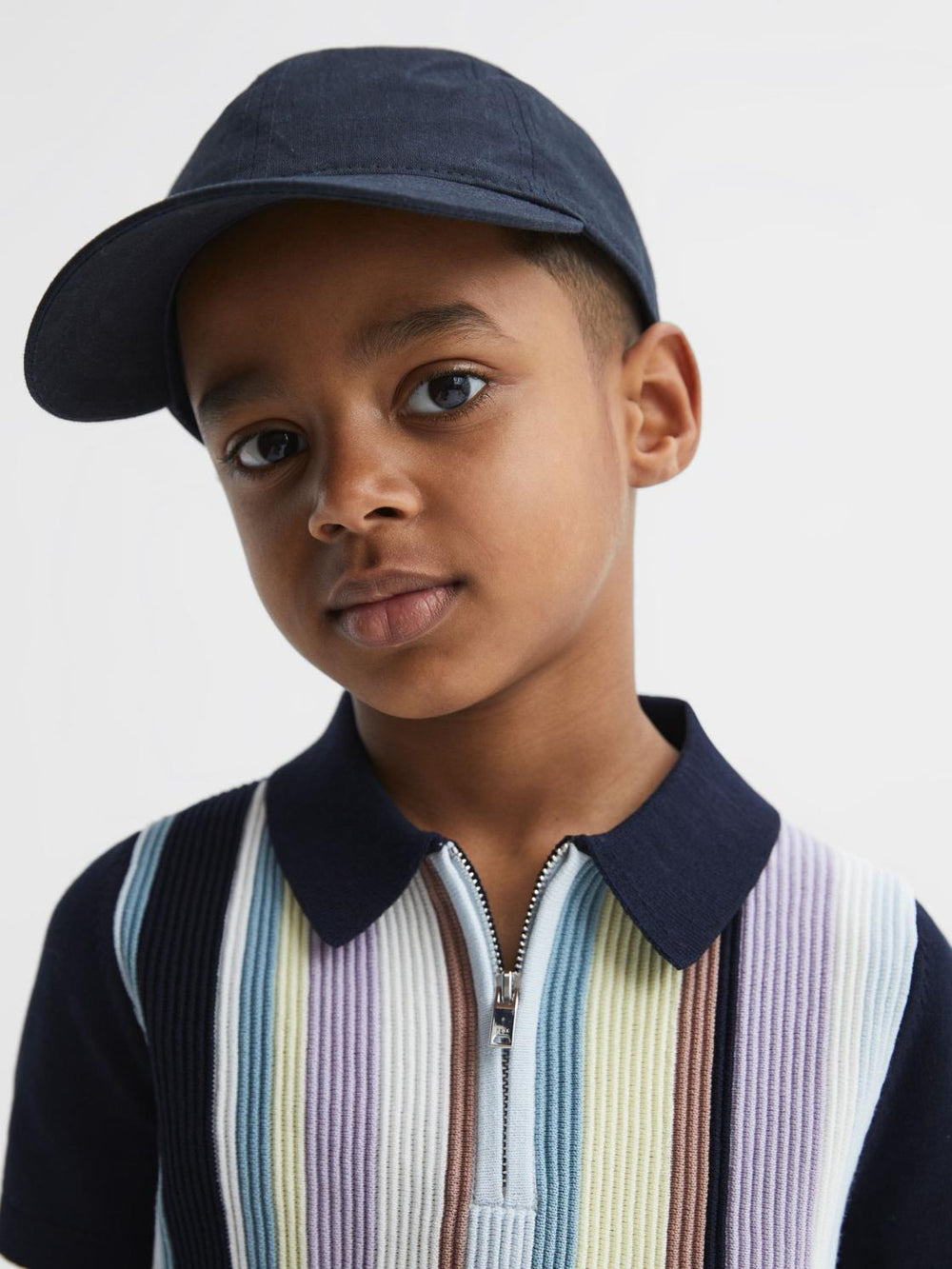 Reiss Knitwear | Harris Striped Ribbed Half Zip Polo T-Shirt Multi - Children