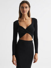 Reiss Knitwear | Iona Knitted Twist Cropped Top Black - Women