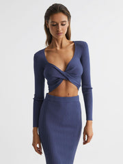 Reiss Knitwear | Iona Knitted Twist Cropped Top Blue - Women