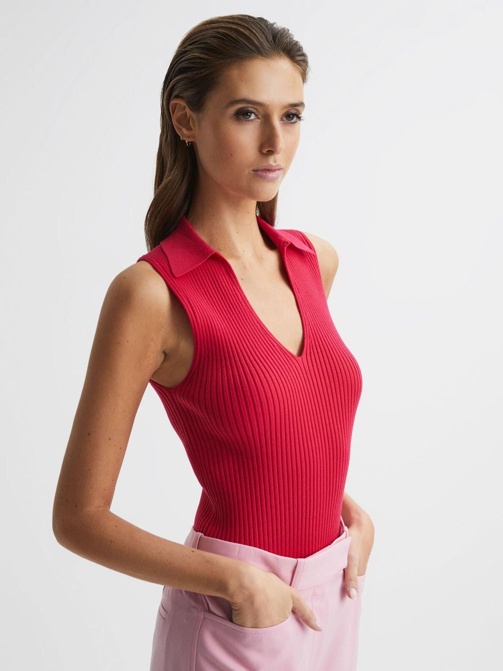 Reiss Knitwear | Izzie V-Neck Collared Sleeveless Top Pink - Women