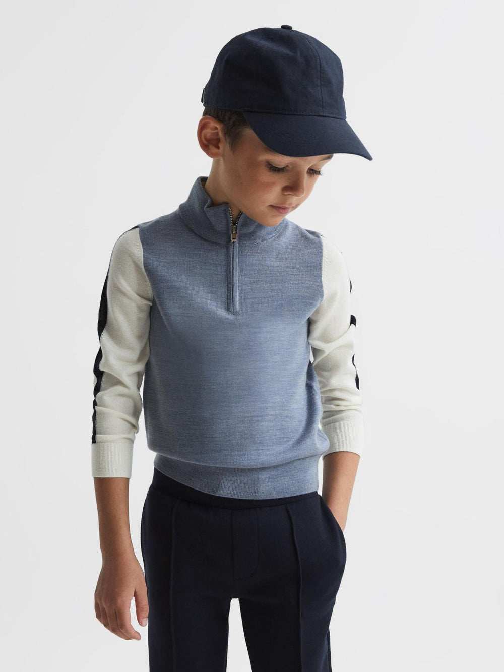 Reiss Knitwear | Leo Wool Colourblock Zip Neck Polo Airforce Blue Melange - Children