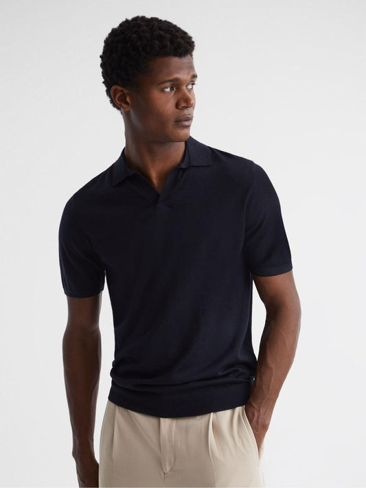 Reiss Knitwear | Malbec Open Collar Silk Merino Polo Shirt Navy - Men
