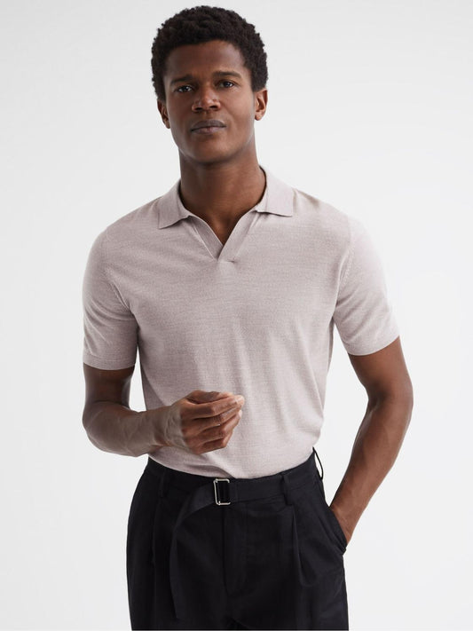 Reiss Knitwear | Malbec Open Collar Silk Merino Polo Shirt Oatmeal - Men
