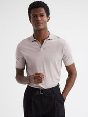 Reiss Knitwear | Malbec Open Collar Silk Merino Polo Shirt Oatmeal - Men