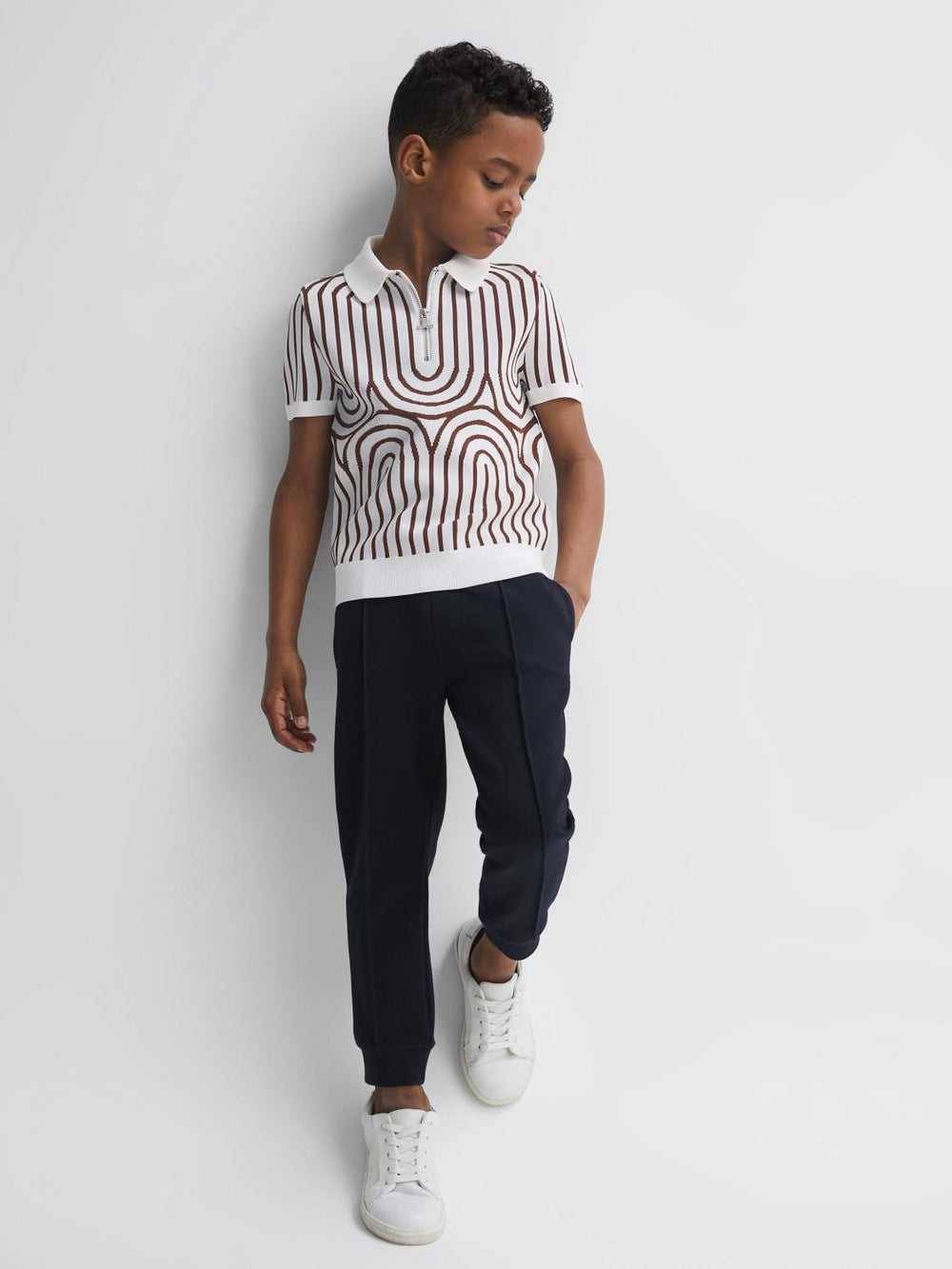 Reiss Knitwear | Maycross Half-Zip Striped Polo T-Shirt White/brown - Children