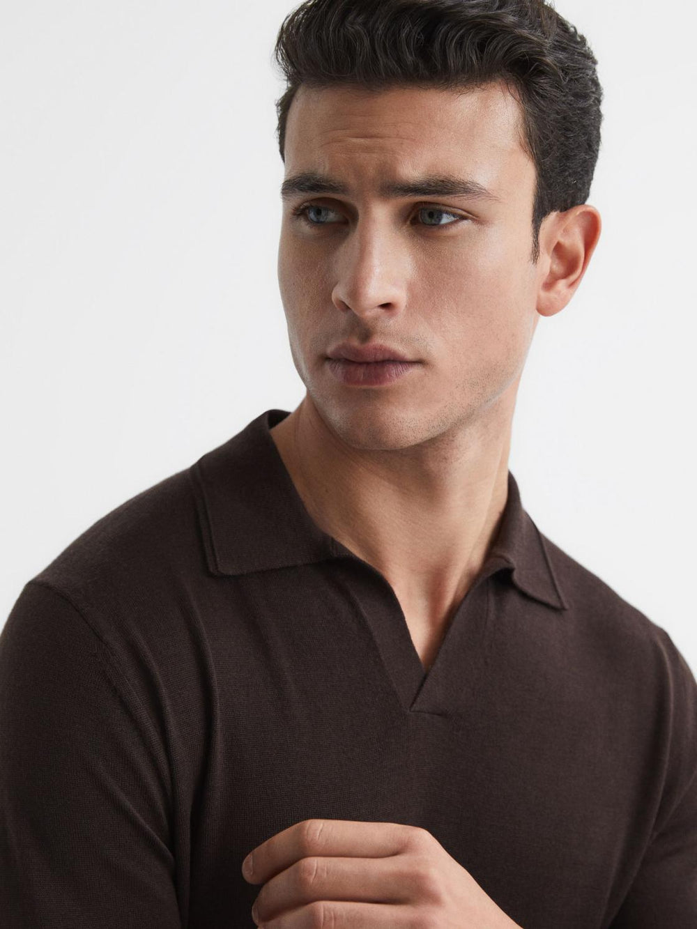 Reiss Knitwear | Milburn Merino Wool Open Collar Polo Shirt Bitter Chocolate - Men