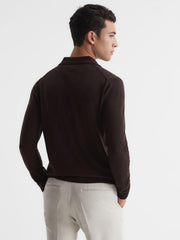 Reiss Knitwear | Milburn Merino Wool Open Collar Polo Shirt Bitter Chocolate - Men