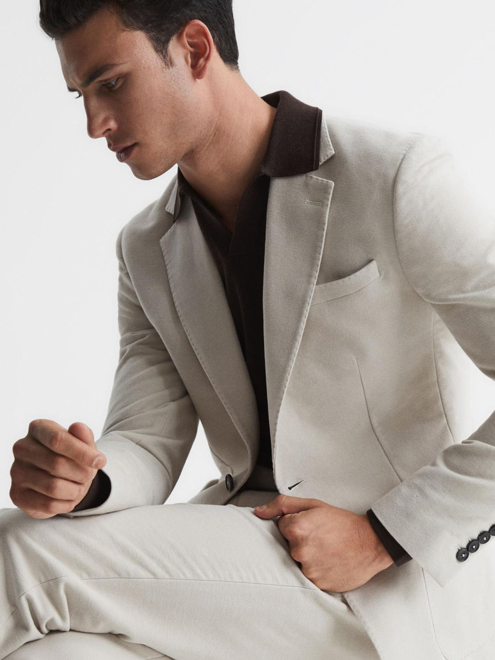 Reiss Knitwear | Milburn Merino Wool Open Collar Polo Shirt Bitter Chocolate - Men