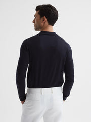 Reiss Knitwear | Milburn Merino Wool Open Collar Polo Shirt Navy - Men