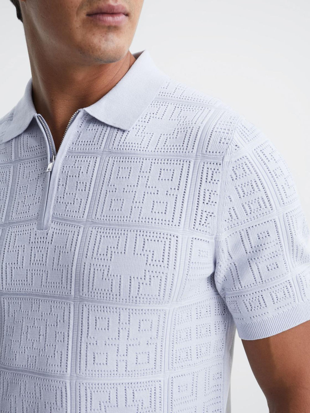 Reiss Knitwear | Mosaic Half Zip Textured Polo Shirt Soft Blue - Men