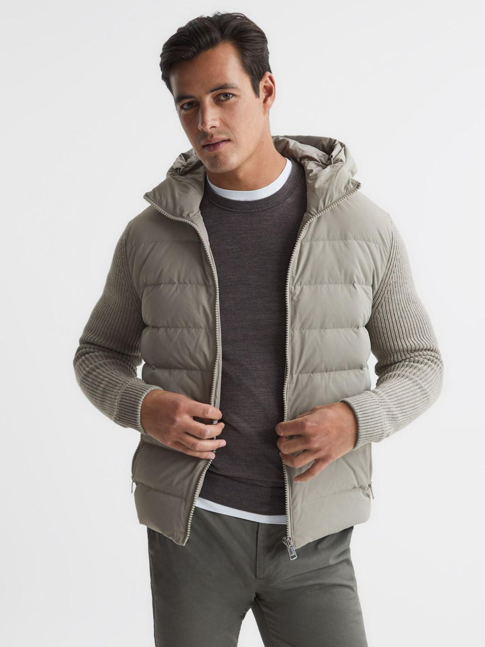 Reiss Knitwear | Murphy Zip Close Hybrid Knitted Hoodie Soft Grey - Men
