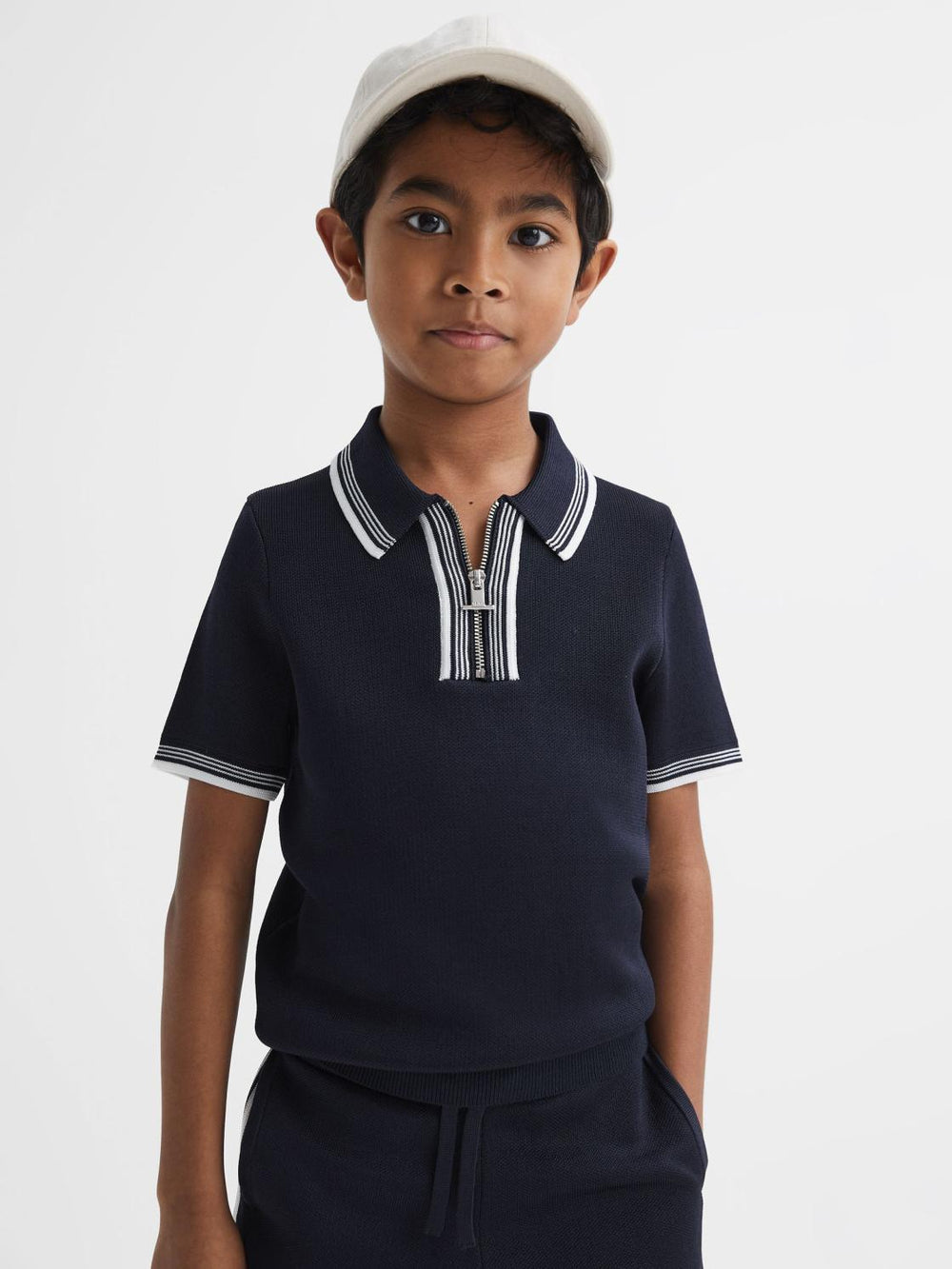 Reiss Knitwear | Regency Half-Zip Striped T-Shirt Navy - Children