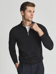 Reiss Knitwear | Robertson Merino Wool Zip Neck Polo Shirt Charcoal Melange - Men