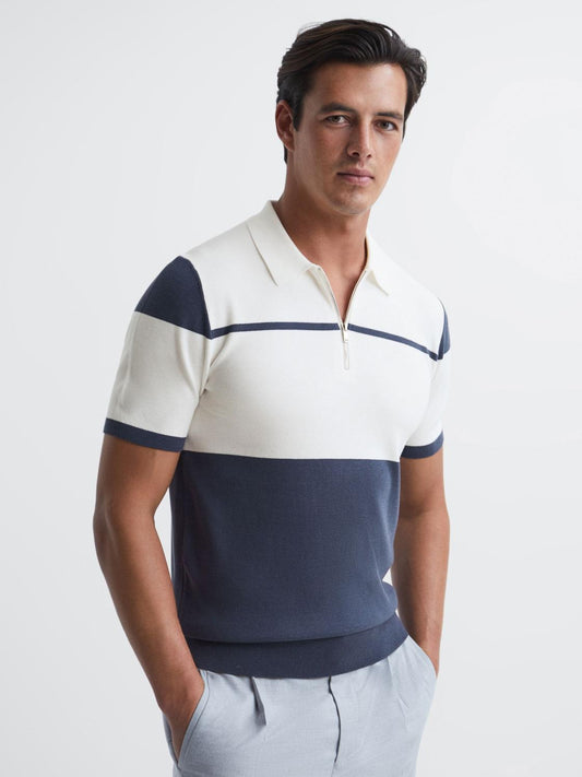 Reiss Knitwear | Rome Slim Fit Half Zip Colourblock Polo Shirt Airforce Blue/white - Men