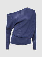 Reiss Knitwear | Sage Off-The-Shoulder Sheer Detail Jumper Navy - Women
