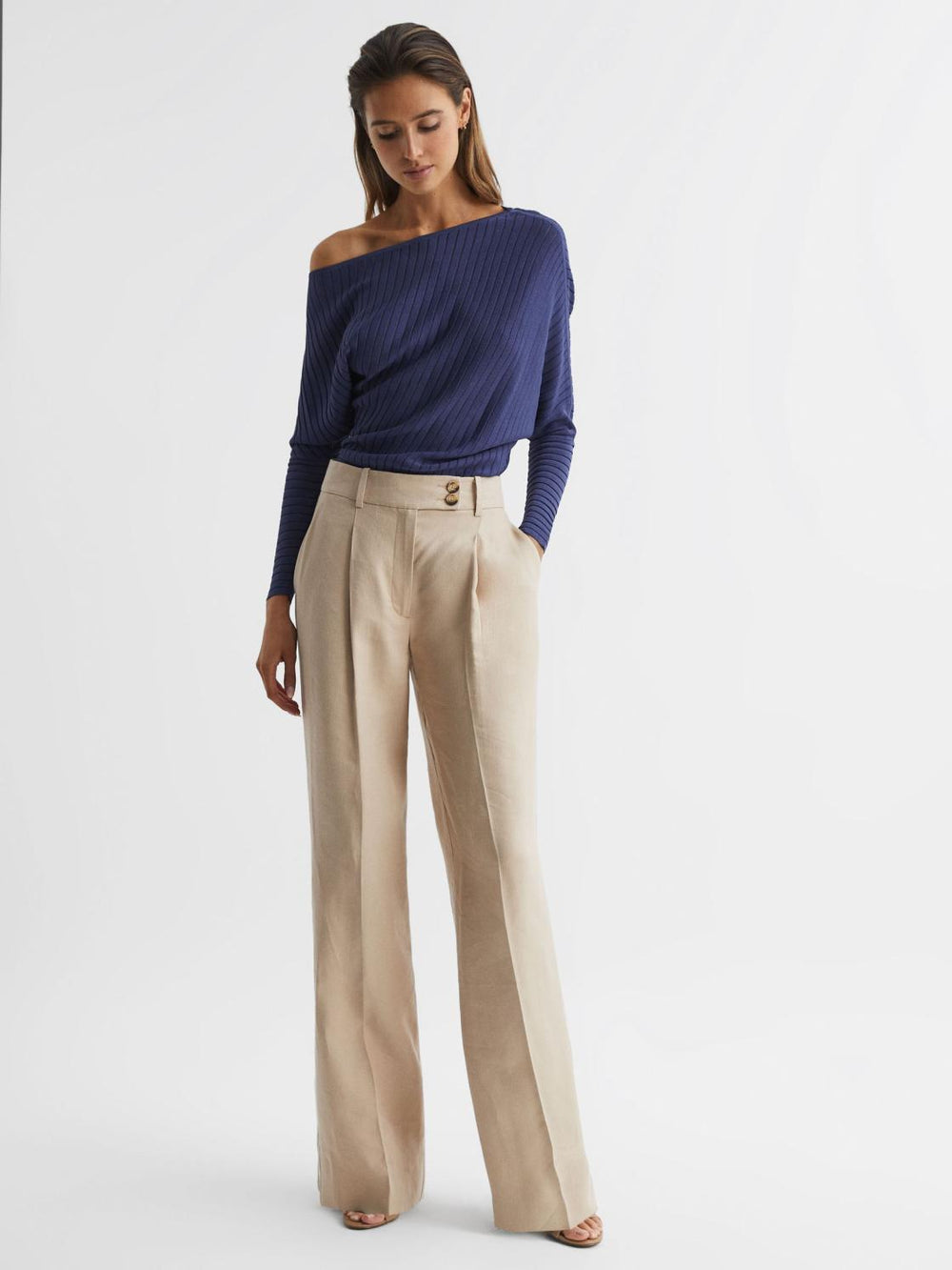 Reiss Knitwear | Sage Off-The-Shoulder Sheer Detail Jumper Navy - Women